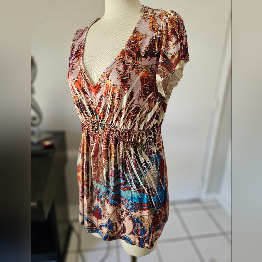 ONE WORLD Multicolor Paisley V-Neck Ruched Waist Dress